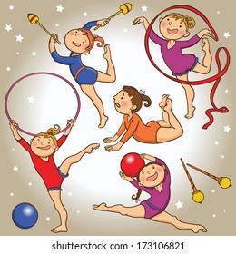 Little gymnasts exercising. SPORT. Children illustration for School books, magazines, advertising and more. Separate Objects. VECTOR.