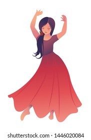 Little gypsy girl with flower in her hair dancing flamenco, isolated on white background