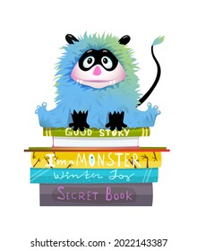 Little hairy monster for kids sitting on book stack, adorable library fluffy creature for kids studying to read. Vector illustration in watercolor style.