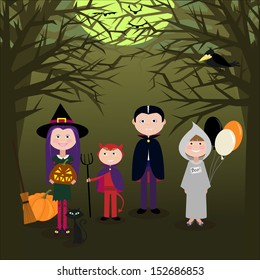 Little halloween characters. Witch, devil, dracula and ghost. Vector illustration.