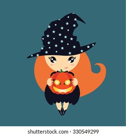Little halloween cute vector chibi redhead
 witch with a pumpkin