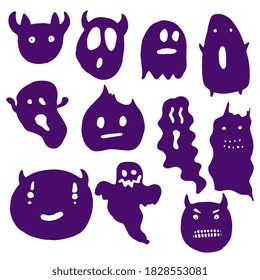 Little Halloween Ghost. Demon face. Cute character. Cartoon style. Clipart collection. Isolated on white background. Vector illustration. 