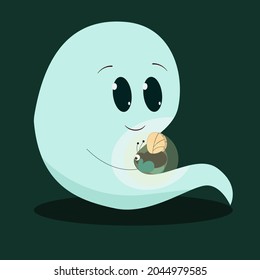 little halloween ghost sits and rejoices a new friend firefly