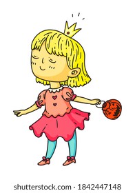 Little halloween princess. Cute girl in princess halloween night party dress walking with pumpkin basket for treat isolated on white background. Cartoon children festive outfit vector illustration