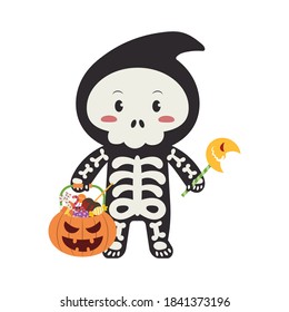 Little halloween skeleton boy with pumpkin bucket of sweets and candies vector illustration cartoon isolated on white background. Halloween trick or treat skeleton boy. Skeleton costume little boy. 