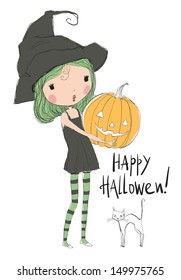 Little Halloween Witch and black cat. 