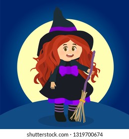 Little halloween witch with broom and black hat