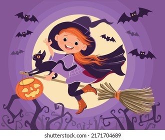 Pequeña bruja de Halloween. Chica volando sobre un palo de goma con gato negro y cabeza de calabaza brillante. Luna llena y murciélagos. Joven hechicera. Ataque nocturno de encantadores. Fiesta de octubre