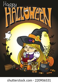 Little Halloween Witch girl reading book.Halloween items boiler,owl,cat,pumpkin,wing,bats,broom,Ghost,candy,text . On the background of the moon. Cartoon vector illustration