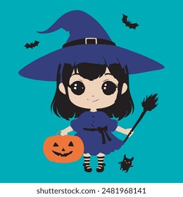 Little Halloween witch. Girl stand and broomstick with black bat and pumpkin head. Full moon and bats