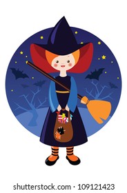 Little halloween witch with sweets against the background of night sky with stars and bats.