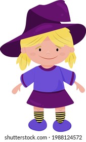 little halloween witch wearing hat and striped socks