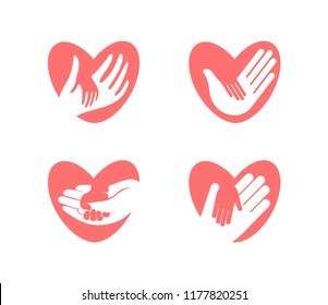 Little hand in big hand in heart silhouette, vector icon set. Charity, hold, help and care company logo template. Flat tender pink abstract isolated symbol. Isolated vector illustration