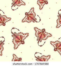 Little hand drawn stingrays with pink, red and yellow elements on light background with orange dots. Seamless underwater animal pattern.