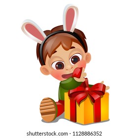 A little happy animated boy unwraps a gift on birthday isolated on white background. Vector cartoon close-up illustration.