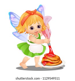 A little happy animated girl with fairy wings dipped with berry jam pancakes isolated on white background. Vector cartoon close-up illustration.