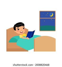 Little happy Asian boy lies in bed and reads a book before sleep. Cute cartoon characters isolated on white background. Flat vector color illustration.