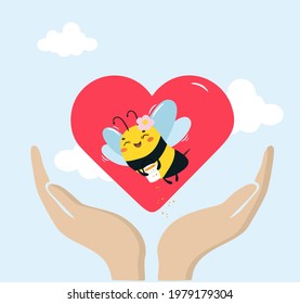 little happy bee in the hands of a man against the background of the heart