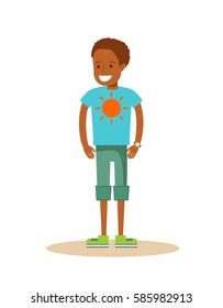 Little happy black boy jumping , cartoon vector illustration isolated on white background. Happy African American boy in shorts and t-shirt