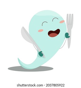 little happy blue ghost preparing to eat delicious