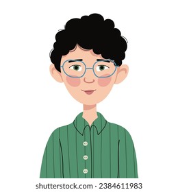 Little happy boy avatar. Portrait of a cute, smiley kid boy with glasses. Avatar face of a schoolboy. Vector children's head Illustration isolated on a white background. Cartoon character.