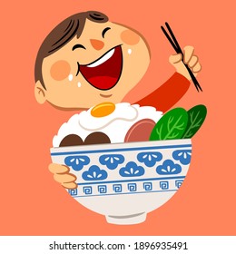 A Little Happy Boy Eating A Big Bowl Of Rice With Chopsticks