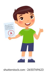 Little happy boy holding a piece of paper with the highest grade.
Emotion concept joy and pride
Cute cartoon character