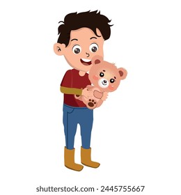 little happy boy hugging teddy bear, vector illustration