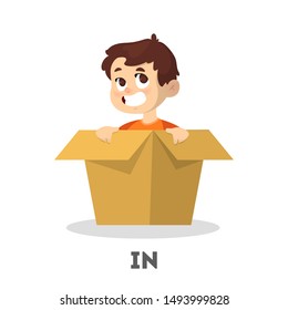 Niño feliz dentro de la caja. Aprender el concepto de preposición. Niño pequeño sentado dentro del recipiente. Dibujo educativo vectorial aislado en estilo caricaturista