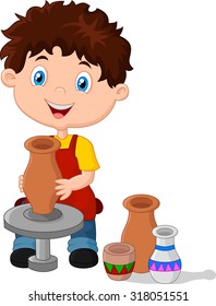Little happy boy produced on potters wheel pot