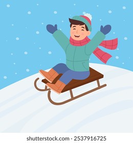 Garotinho feliz está dormindo nas colinas da neve. Diversão de inverno. Ilustração vetorial