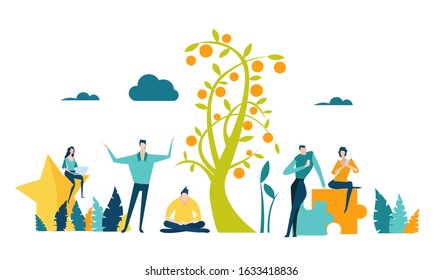 Little happy business people growing the money tree, working together and doing profitable business. Concept illustration