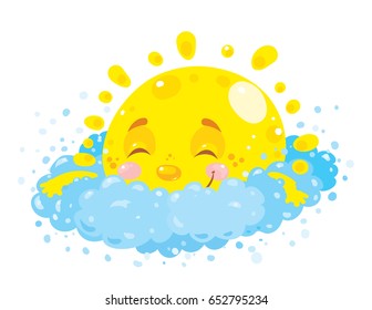 Little happy, cartoon, cute sun is sleeping on a soft and fluffy cloud. 