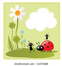 little happy cartoon insects playing in the garden vector illustration and a cloud for your text