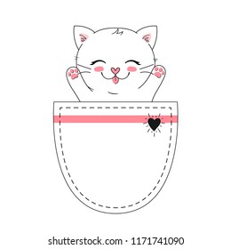 Little happy cat in the pocket, adorable cute kitten simple vector illustration. Can be used for greeting card, kids t shirt design, print or poster