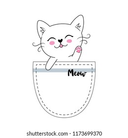 Little happy cat in the pocket, adorable cute kitten simple vector illustration. Can be used for greeting card, kids t shirt design, print or poster