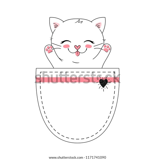 小さな幸せな猫がポケットに入っていて かわいい子猫が簡単なベクターイラスト グリーティングカード 子供のtシャツデザイン プリント ポスターに使用可能 のベクター画像素材 ロイヤリティフリー