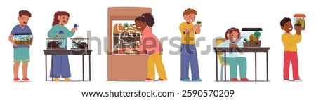 Little happy children characters playing with cute lovely insects building houses for pets vector illustration. Small boys girls caring for worms, ants, spiders, scorpion, grasshopper and cockroach