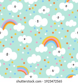 Little happy clouds and confetti rain on mint background, vector seamless pattern