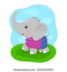 Little happy cute baby elephant in cartoon style dressed in lilac shirt and blue shorts. Vector illustration