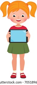 Little happy cute girl in full growth holds a computer tablet in her hand