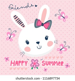 Little happy cute rabbit girl with butterflies flying around on polka dot background illustration vector.