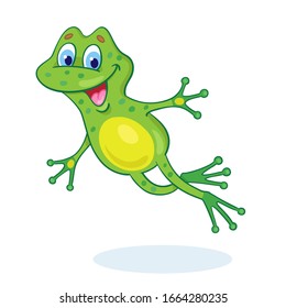 Little happy frog is jumping. In cartoon style. Isolated on white background. Vector illustration.