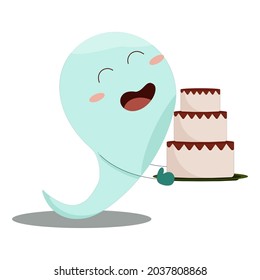 little happy ghost carries a delicious cake for guests