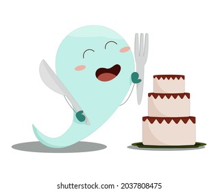 little happy ghost preparing to eat delicious halloween cake
