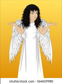 Little happy girl angel with wings showing a gesture with two hands at empty copy space white background. Open palm. Portrait child in Pop art style. Vector illustration.
