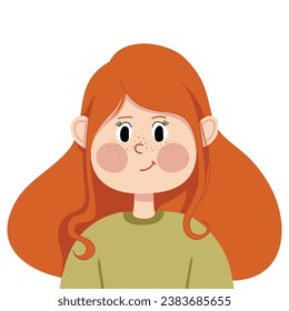 Little happy girl avatar. Portrait of a cute, smiley kid girl with red hair. Avatar face of a schoolgirl. Vector children's head Illustration isolated on a white background. Cartoon character. 