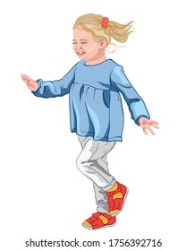 Little happy girl in blue blouse, white jeans and colorful shoes. Blonde hair with a red scrunchie. Vector