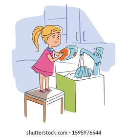 Little happy girl helper washing dish in kitchen. Vector illustration concept family. Adorable kid doing housework chores at home. Cartoon child standing on flat chair. Cute sink tap with eyes