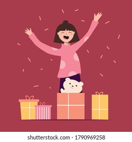 Little happy girl opens gift boxes and rejoices at a teddy bear. Smiling child with toy and presents. Cute greeting card. Gifting concept, birthday celebration